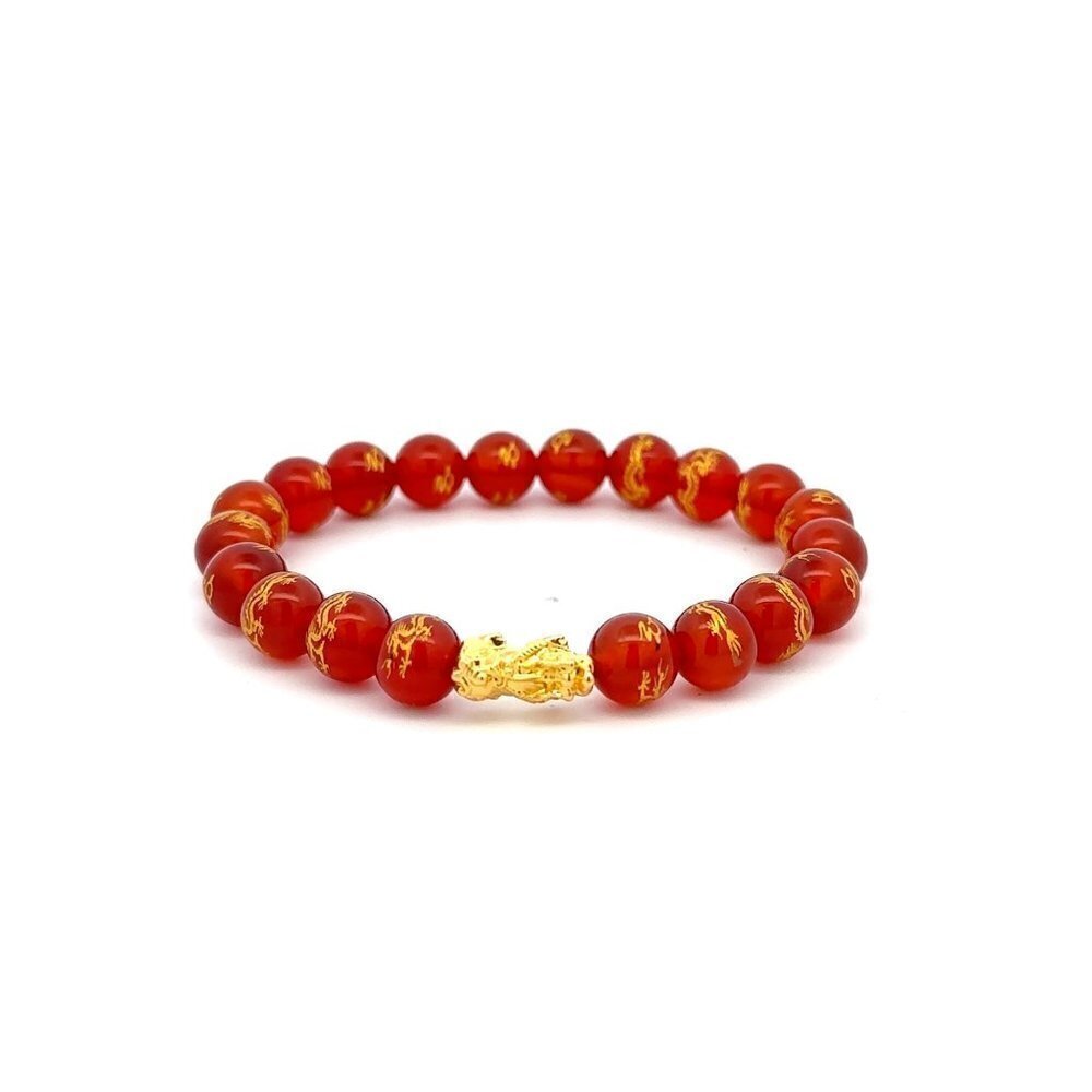 18K Gold Dragon Pixiu Piyao Lucky Charm Bracelet Gemstones Red Agate Dragon 8mm